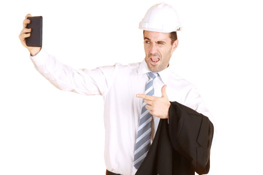 Handsome smart engineer or architecture is Wearing a white safety hat with hand holding smartphone and enjoy with Selfie by himself isolated on yellow background. Copy Space png