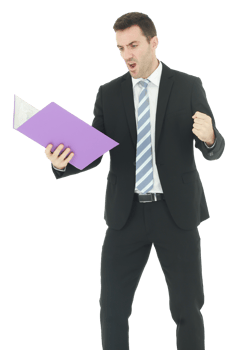 Handsome Caucasian man in black suit holding violet document file and serious in work isolated on white background. png