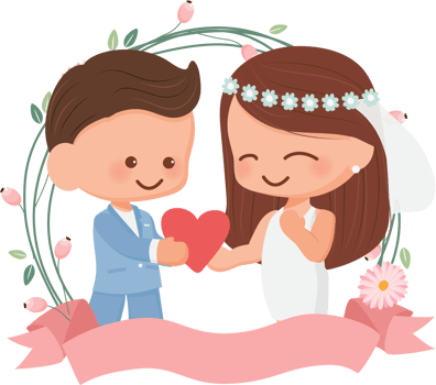 cute wedding couple in flower wreath flat style for valentine's day or wedding card png