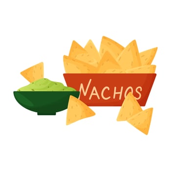 Cartoon nachos with guacamole isolated on white background. Vector illustration of mexican food
