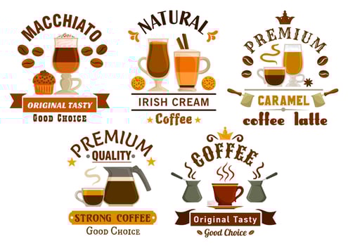 Coffee drinks with desserts badges for cafe design vector