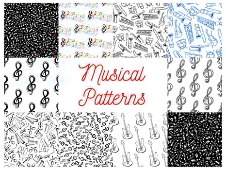 Musical notes and instruments pattern backgrounds vector