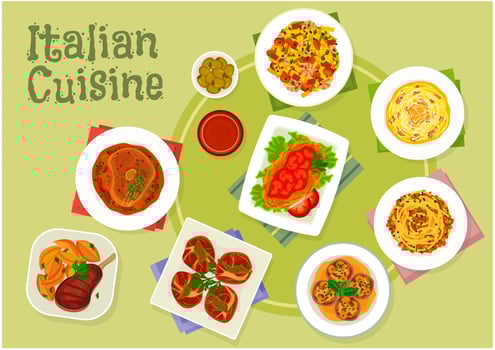 Italian cuisine traditional meat dishes icon vector