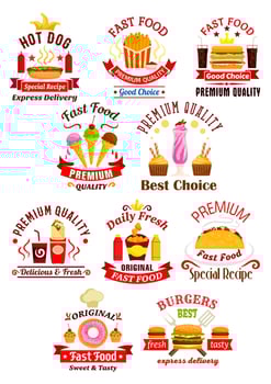 Fast food emblems with ribbons vector