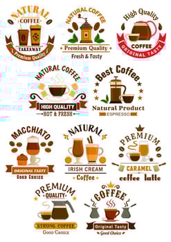 Coffee sorts emblems set for cafe, restuarant vector