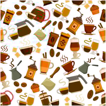 Coffee drinks, desserts vector seamless pattern