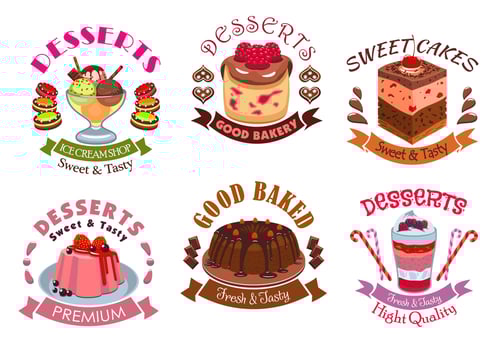 Bakery desserts, pastry cakes emblem labels set vector