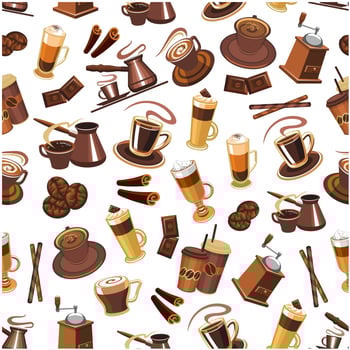 Coffee seamless pattern with beans, cups, mills vector