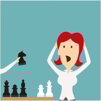 Business defeat. Woman shocked defeated in chess vector