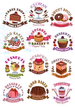 Sweet desserts, cakes, cupcakes vector icons