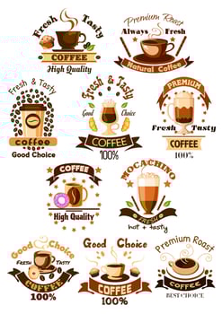 Coffee cafe, cafeteria vector emblems set