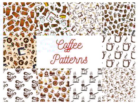 Coffee cups and coffee makers seamless patterns vector