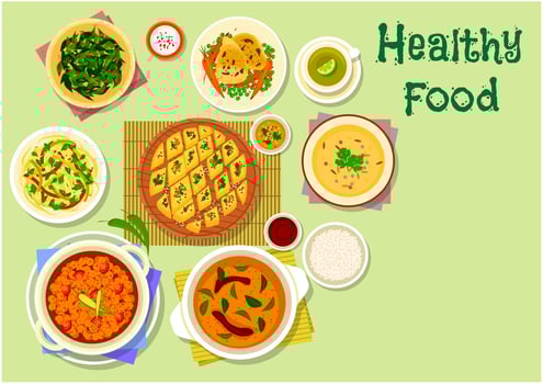 Indian cuisine thali dishes and snacks icon vector