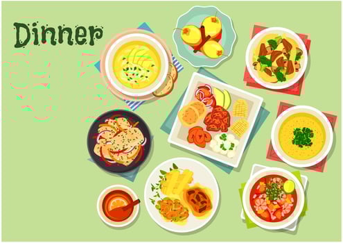 Dinner menu dishes with exotic fruit dessert icon vector