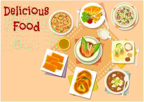 Asian soup with meat and cheese pastry icon vector
