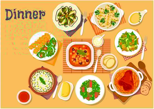 Dinner icon with dishes of italian, german cuisine vector