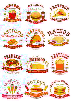 Fast Food vector isolated icons, emblems, ribbons