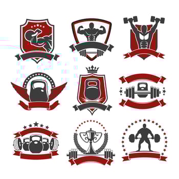 Weightlifting, powerlifting gym sport club icons vector