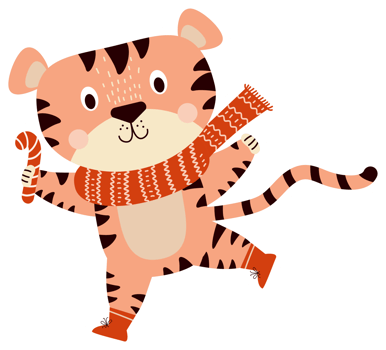Winter tiger. Tiger character in a knitted scarf with caramel png