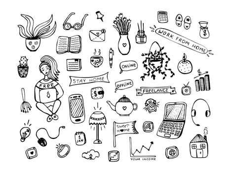 Work at home, doodle set vector