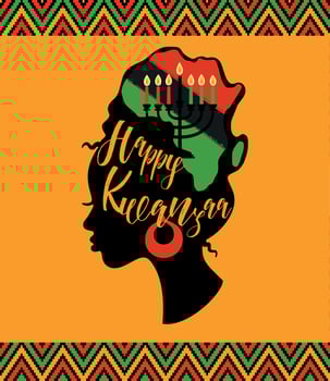 Greeting card for Kwanzaa with African women. Vector illustration. Happy Kwanzaa decorative greeting card. seven kwanzaa candles in map Africa.