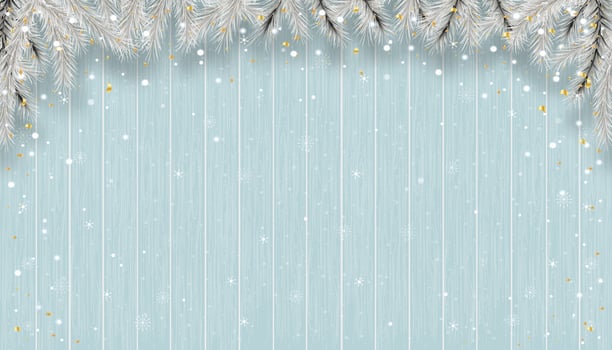Christmas background with snowflakes on blue wood texture,Vector Winter scene with snowing on wooden panel texture,3D display banner backdrop for New Year 2023 or Christmas promotion vector
