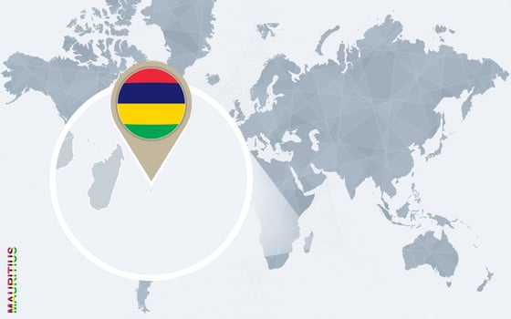 Abstract blue world map with magnified Mauritius. vector
