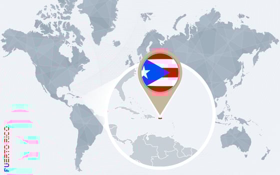 Abstract blue world map with magnified Puerto Rico. vector