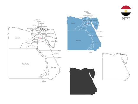 4 style of Egypt map vector illustration have all province and mark the capital city of Egypt. By thin black outline simplicity style and dark shadow style. Isolated on white background.