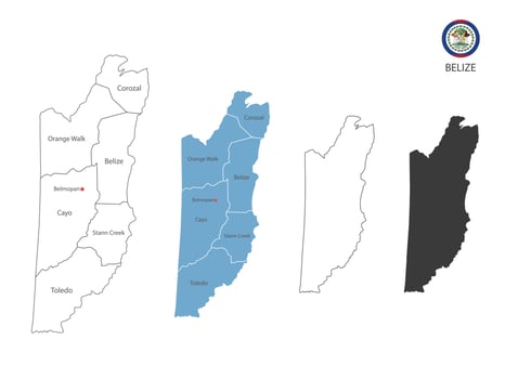 4 style of Belize map vector illustration have all province and mark the capital city of Belize. By thin black outline simplicity style and dark shadow style. Isolated on white background.