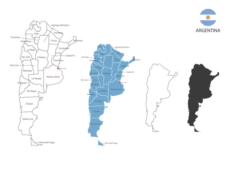 4 style of Argentina map vector illustration have all province and mark the capital city of Argentina. By thin black outline simplicity style and dark shadow style. Isolated on white background.