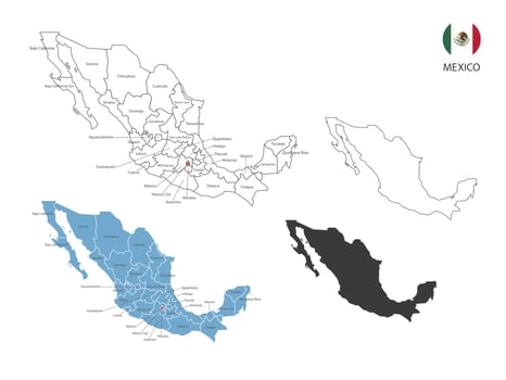4 style of Mexico map vector illustration have all province and mark the capital city of Mexico. By thin black outline simplicity style and dark shadow style. Isolated on white background.