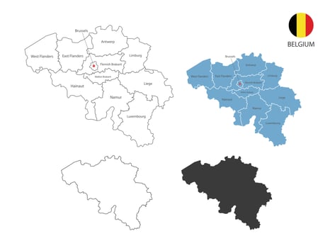 4 style of Belgium map vector illustration have all province and mark the capital city of Belgium. By thin black outline simplicity style and dark shadow style. Isolated on white background.