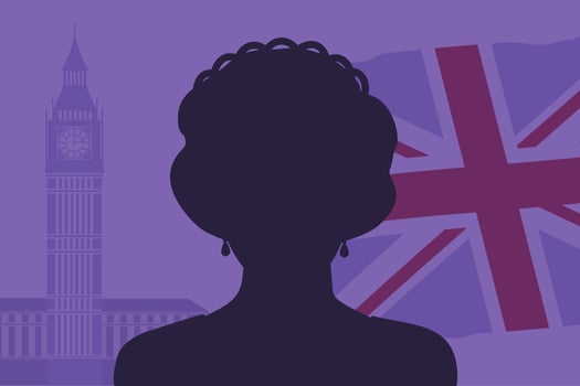 UK, London, 08.09.2022, black silhouette of Queen Elizabeth. Death of the Queen of Great Britain. British symbol. Cartoon style. Vector illustration.