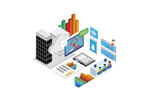 Modern Isometric Smart Cloud Database Processing Technology Illustration in White Isolated Background With People and Digital Related Asset vector