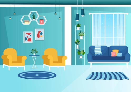 Home Decor Template Hand Drawn Cartoon Illustration The set of Furniture and Living Room Interior in Flat Style Design vector