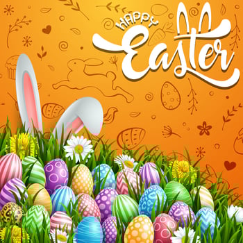 Easter greeting card with two bunny ears and colorful eggs on blue background vector