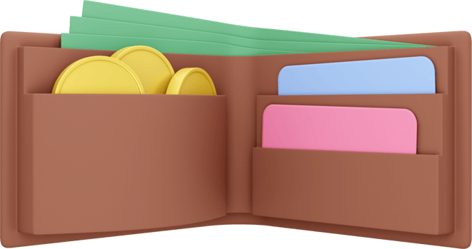 Open wallet icon with coins, bills and credit cards. PNG transparent background. 3d rendering.