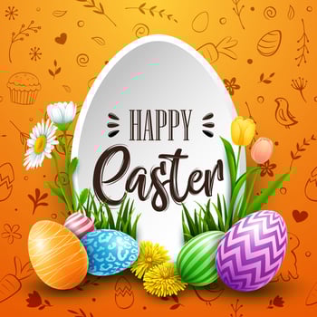 Happy Easter greeting card with colored eggs, flowers on blue background vector