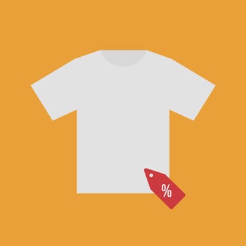 flat illustration of white t-shirt with discount tag on yellow background vector