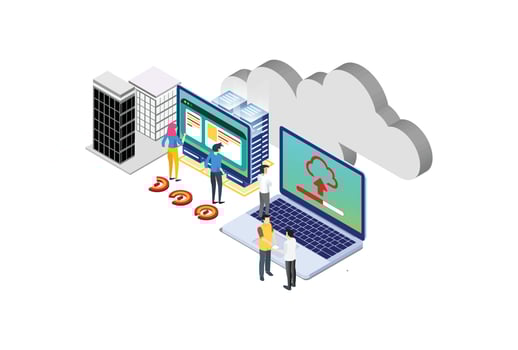 Internet datacenter connection, administrator of web hosting concept. Character and text for services. Tech repair center hardware software database for safe server. Flat isometric vector illustration