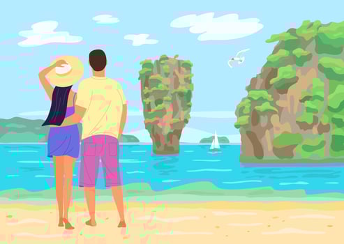 Man and woman on the beach in Thailand. The famous island near Phuket in Thailand. Travel photo of island with beautiful sandy beach in Phang Nga bay, Thailand. vector