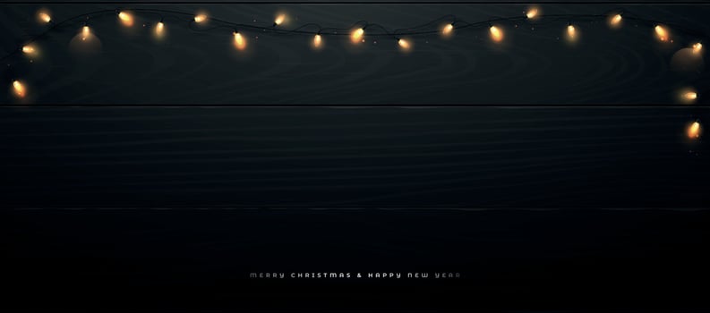 Festive banner with bright Christmas lights on black wooden background. vector