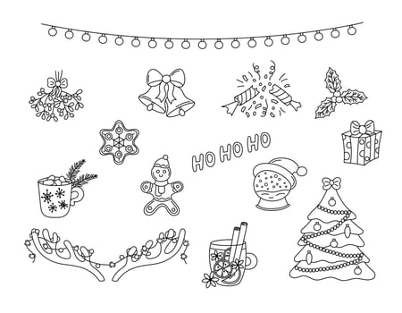 Christmas doodles vector set. Hand drawn black holiday elements isolated on white background. Christmas scribble outline objects tree, garland, jingle bells. Illustration