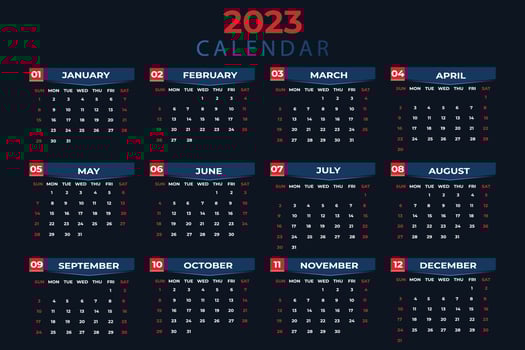 Yearly calendar 2023 week starts from Sunday in shades of red, blue and black vector