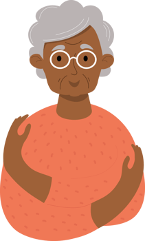 Happy black ethnic elderly woman. pensioner  character. concept love yourself png