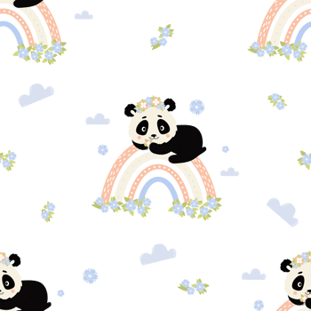 Seamless pattern with panda on rainbow and flowers png