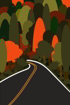 Road through the forest. Vector illustration of the beginning of autumn