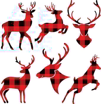 Deer head buffalo plaid set. Vector illustration woodland animal . Lumberjack clipart.