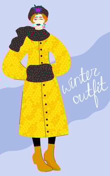 Winter outfit. Vector bright illustration of young woman in warm winter clothes, yellow coat, furry hat and clutch.